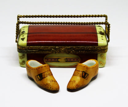 LIMOGES FRANCE BOX - SHOE BOX & DISPLAY RACK & PAIR OF MEN'S SHOES - SHOE HORN