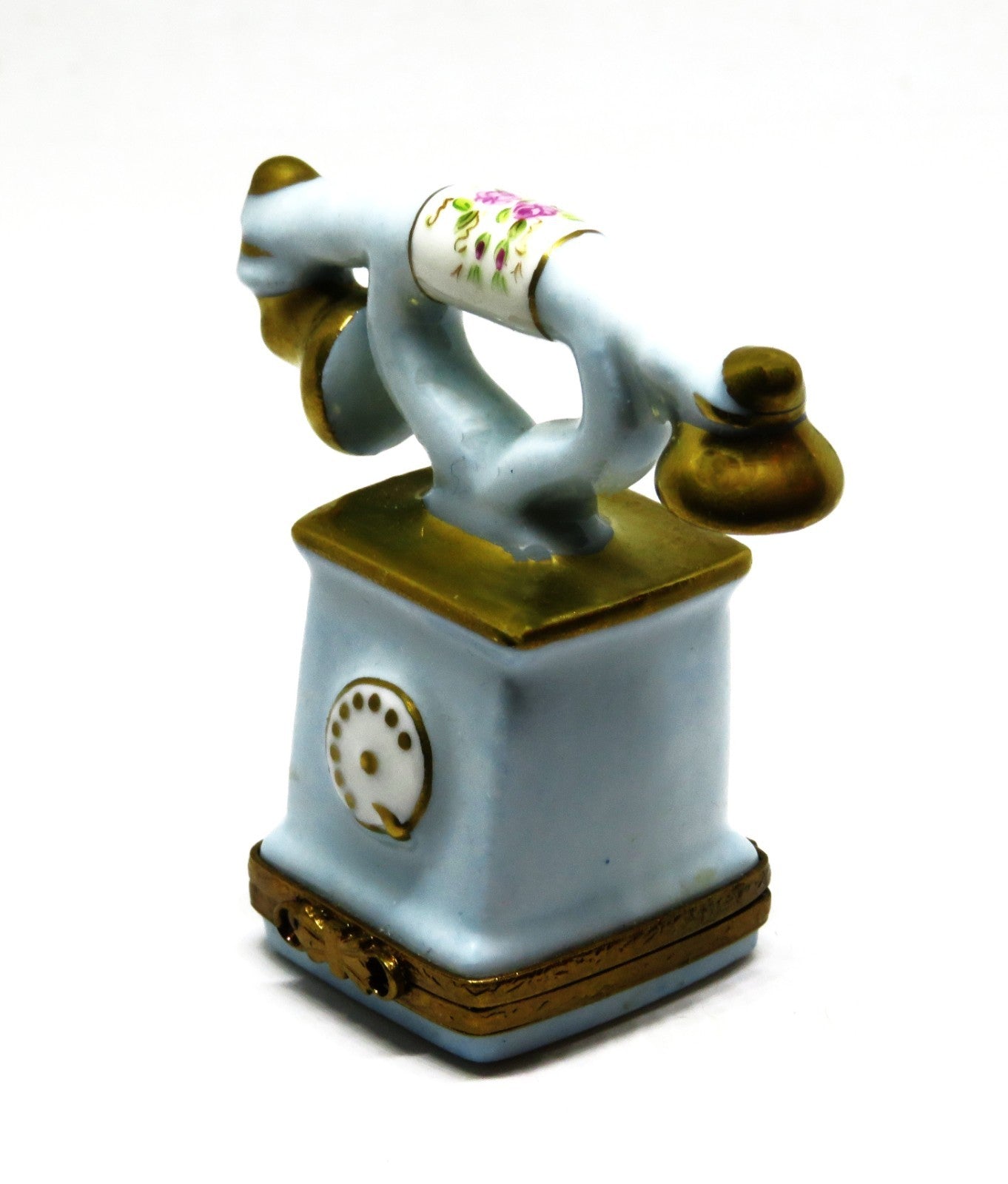 LIMOGES FRANCE BOX - ANTIQUE FRENCH CRADLE TELEPHONE - ROTARY DIAL - PINK ROSES