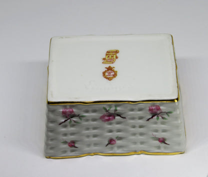 LIMOGES FRANCE TWO PIECE BOX ~ 'WOVEN WICKER' WITH PINK FLOWERS & BUDS