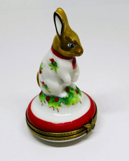 LIMOGES FRANCE BOX - CHAMART - WHITE BUNNY & RED BOW & HOLLY - FIRST CHRISTMAS