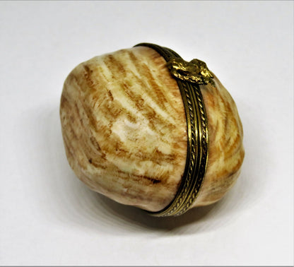 LIMOGES FRANCE BOX - VINTAGE WALNUT SHELL - NUT - SQUIRREL CLASP - BRANCH INSIDE