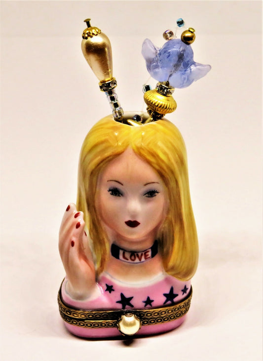 LIMOGES FRANCE BOX - CHANILLE - HIPPIE LADY HEAD VASE - TWO HAT PINS - LE - MIB