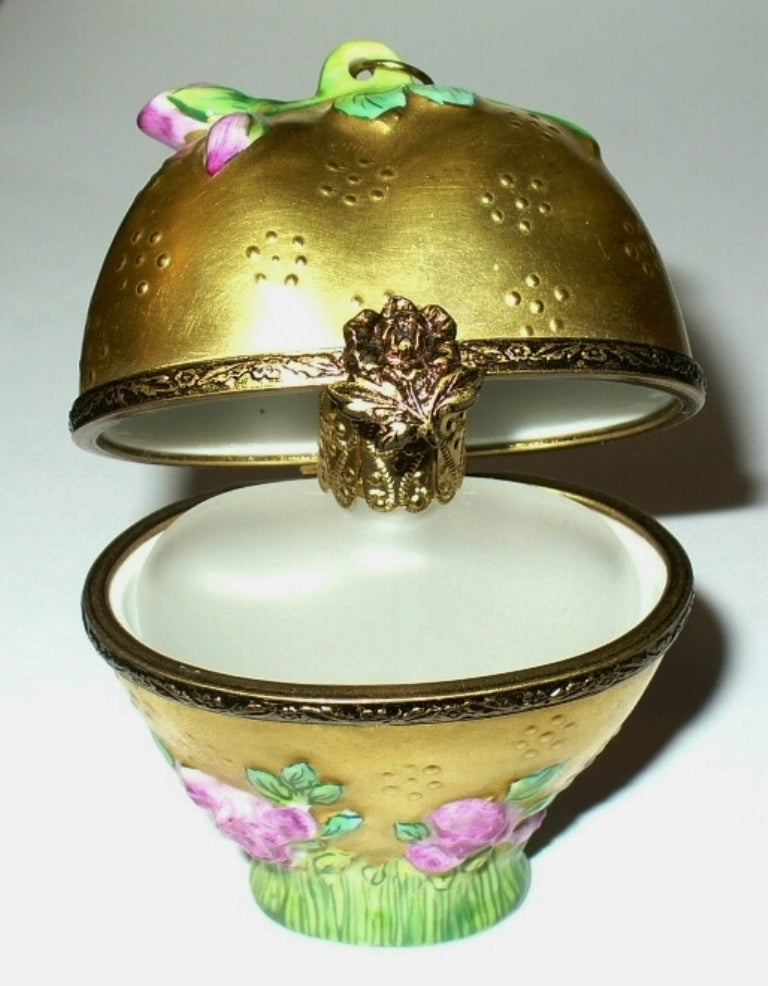 LIMOGES BOX - ROCHARD - GOLD FLORAL HEART & PERFUME BOTTLE - PINK ROSES & TASSEL