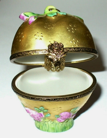 LIMOGES BOX - ROCHARD - GOLD FLORAL HEART & PERFUME BOTTLE - PINK ROSES & TASSEL