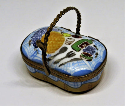 LIMOGES BOX - 'WICKER' PICNIC BASKET & SPOON CLASP - WINE, CHEESE & FRUIT