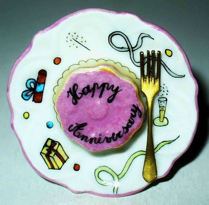 LIMOGES FRANCE BOX- HAPPY ANNIVERSARY CAKE ON PLATE & FORK -CHAMPAGNE & CONFETTI