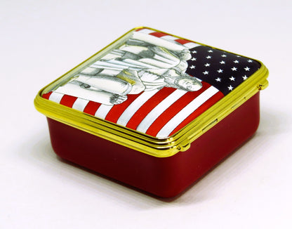 HALCYON DAYS ENGLISH ENAMEL BOX - BENJAMIN FRANKLIN & U. S. FLAG - PHILADELPHIA