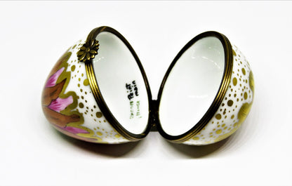 LIMOGES FRANCE BOX - COLORFUL FLORAL EGG - FLOWERS & LEAVES - WATERCOLORS
