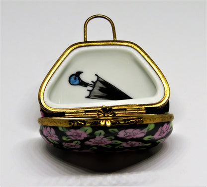 LIMOGES FRANCE BOX -ARTORIA- MARY POPPINS FLOWERED CARPET BAG PURSE - LE -DISNEY