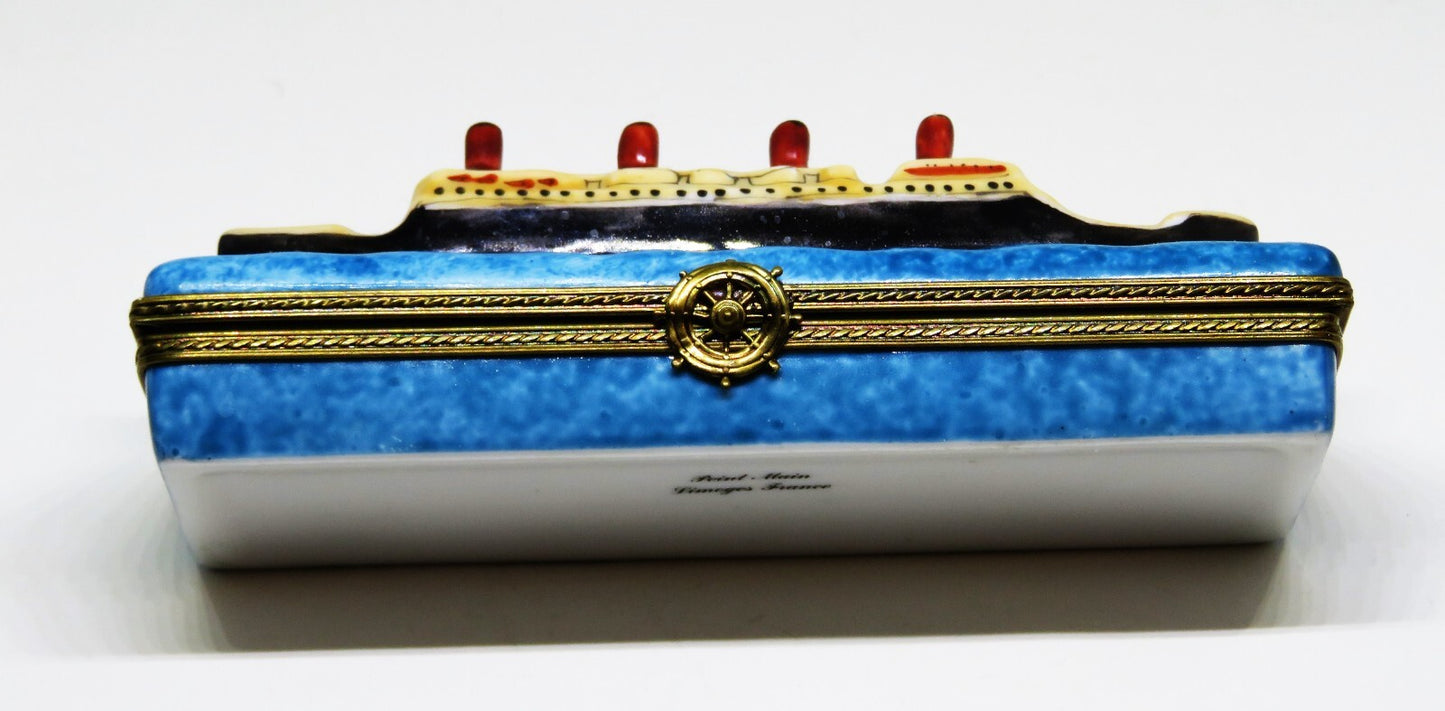 LIMOGES FRANCE BOX- CRUISE SHIP - LUXURY OCEAN LINER -SHIP'S WHEEL CLASP- TRAVEL