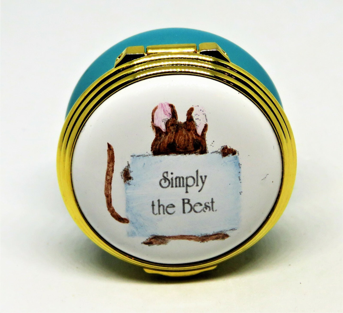 ASHLEY ENGLISH ENAMEL BOX - MOUSE & "SIMPLY THE BEST" SIGN - MIB