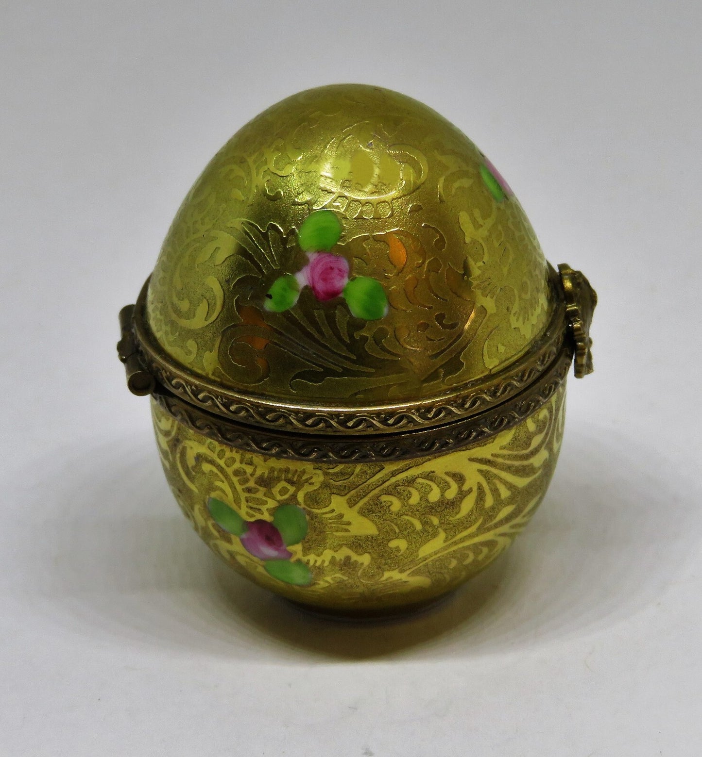 LIMOGES FRANCE BOX -DUMONT- VINTAGE GOLD INCRUSTATION EGG & PINK ROSES - FLOWERS