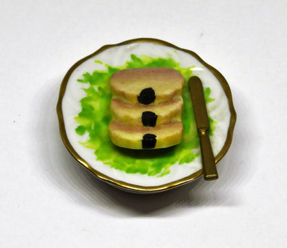LIMOGES BOX- PARRY-VIEILLE - PATÉ DE FOIS GRAS ON A PLATE & KNIFE - GOOSE INSIDE