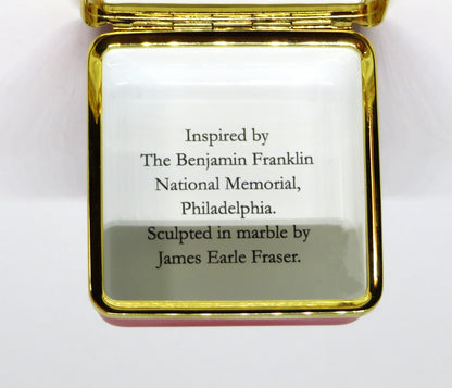 HALCYON DAYS ENGLISH ENAMEL BOX - BENJAMIN FRANKLIN & U. S. FLAG - PHILADELPHIA