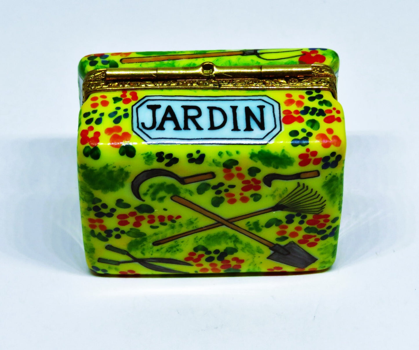 LIMOGES FRANCE BOX -LIMOGES IMPORTS- GARDENING BOOK & TOOLS - FLOWERS - "JARDIN"