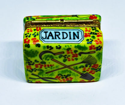 LIMOGES FRANCE BOX -LIMOGES IMPORTS- GARDENING BOOK & TOOLS - FLOWERS - "JARDIN"