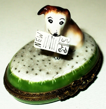 LIMOGES FRANCE BOX- PARRY-VIEILLE - TERRIER DOG & NEWSPAPER IN HIS MOUTH - PUPPY