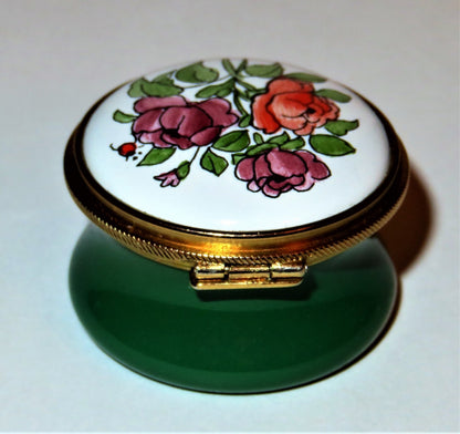 STAFFORDSHIRE ENGLISH ENAMEL BOX - FLOWER OF THE MONTH - JUNE - ROSES - LADYBUG