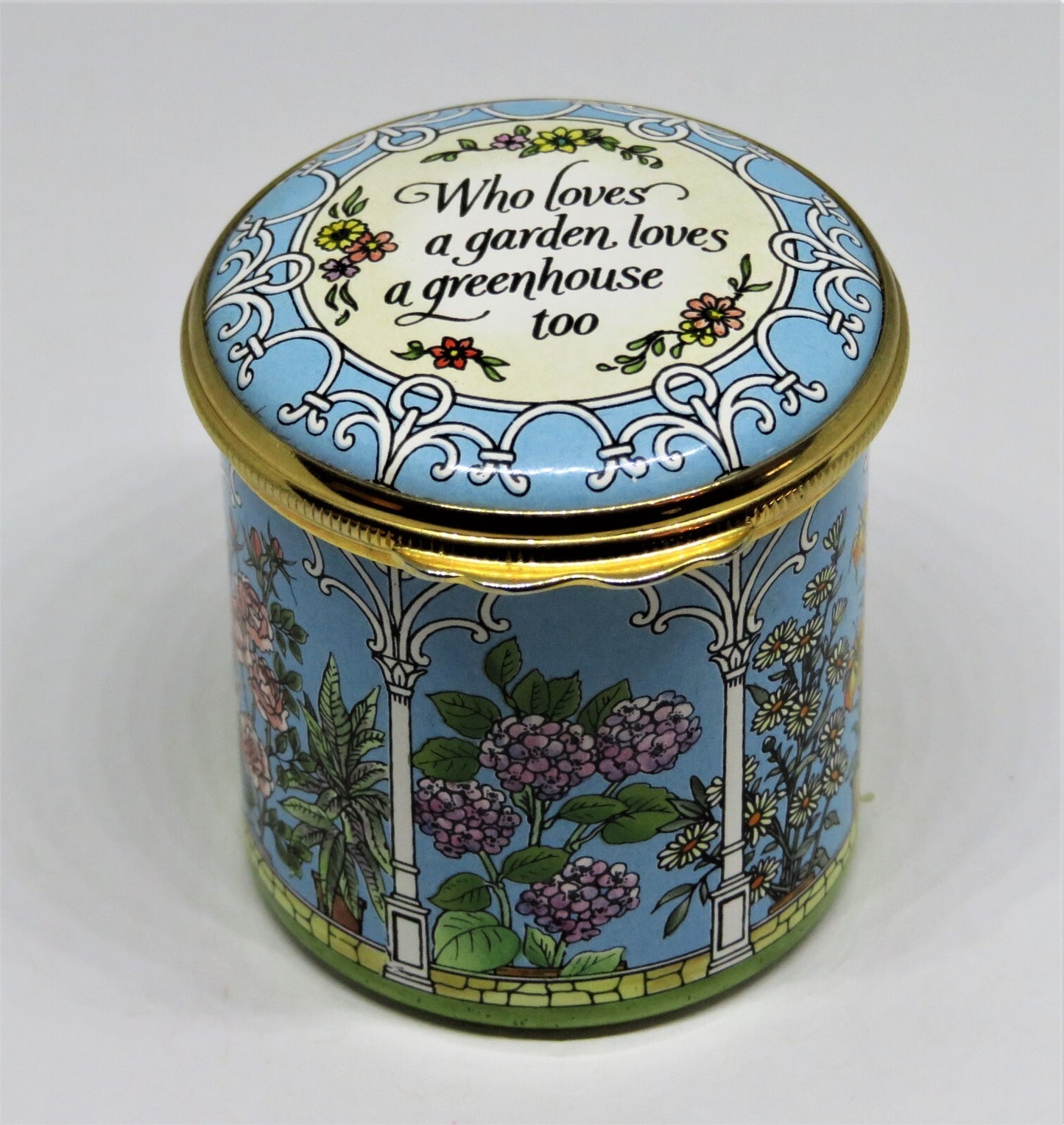 HALCYON DAYS ENAMEL BOX - GARDEN - GREENHOUSE - FLOWERS - DAISY - ROSE - LILY