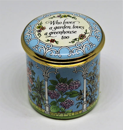 HALCYON DAYS ENAMEL BOX - GARDEN - GREENHOUSE - FLOWERS - DAISY - ROSE - LILY