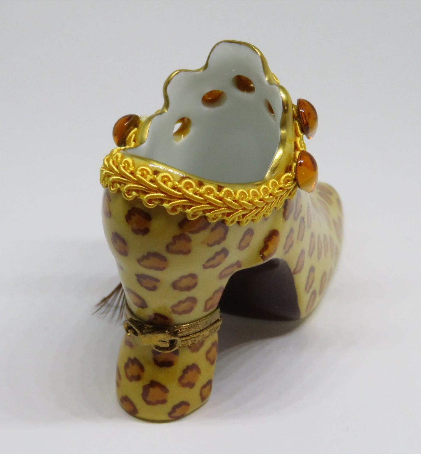 LIMOGES 2 BOX SET- EXOTIC LEOPARD PRINT HAT & SHOE - BRAID & FEATHERS & CRYSTALS