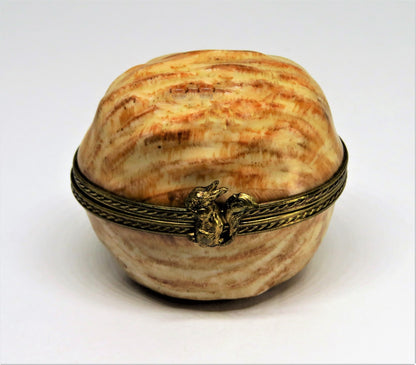 LIMOGES FRANCE BOX - VINTAGE WALNUT SHELL - NUT - SQUIRREL CLASP - BRANCH INSIDE