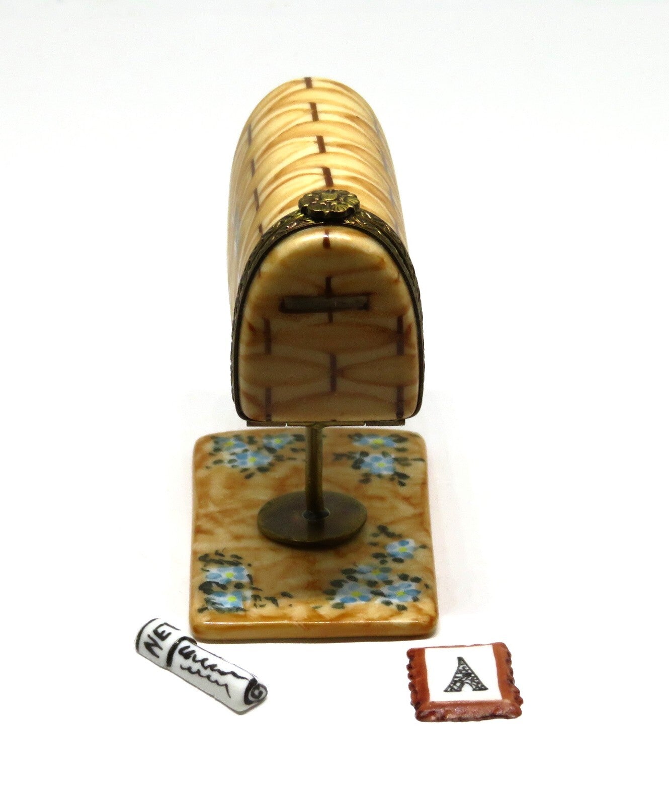 LIMOGES MAIL BOX & STAND & FLOWERS ~ NEWSPAPER & PARIS POSTCARD ~ PEINT MAIN