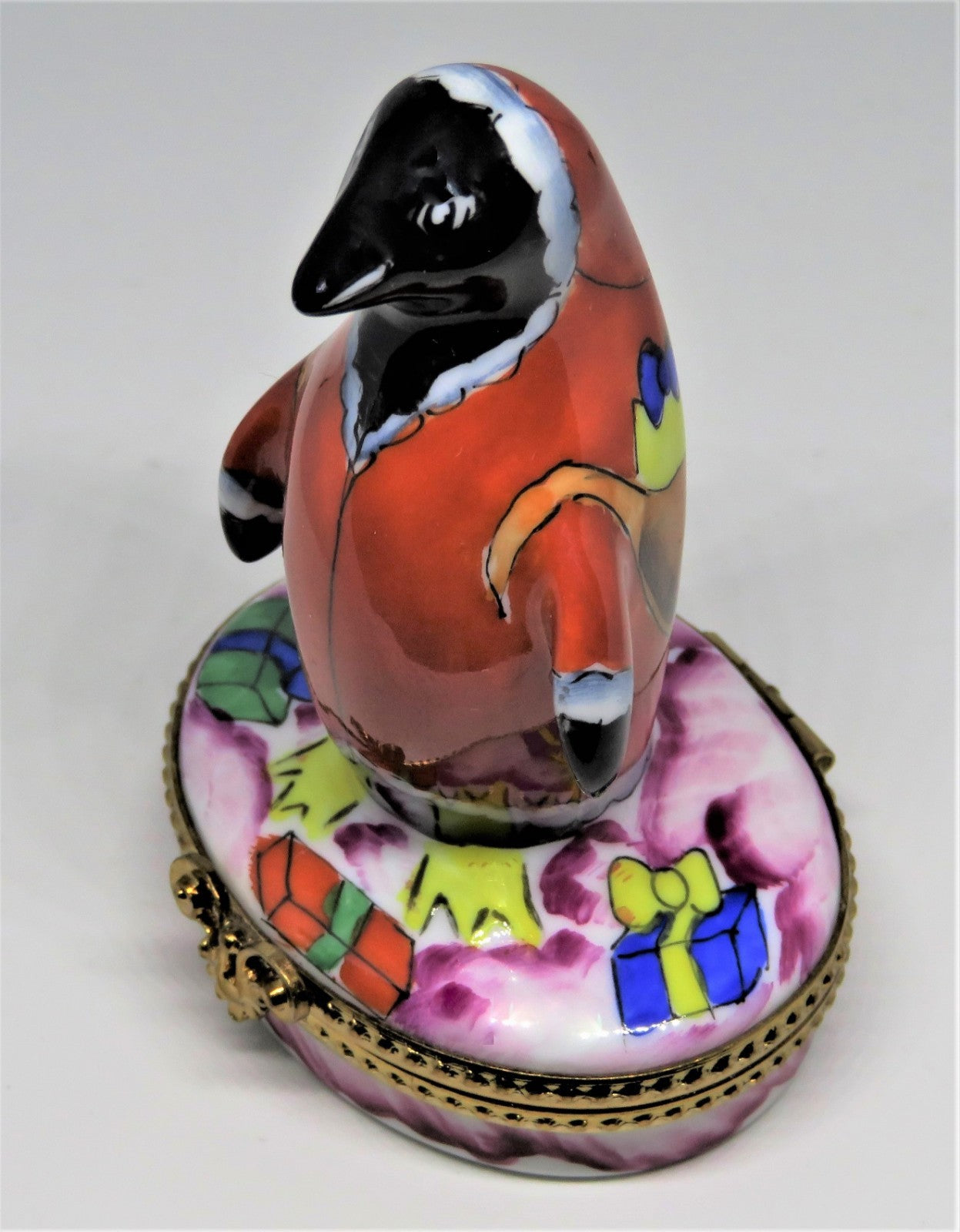 LIMOGES BOX- CHRISTMAS - WHIMSICAL PENGUIN IN A SANTA CLAUS SUIT - SACK OF GIFTS