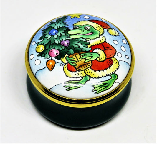 HALCYON DAYS ENAMEL BOX - FROG OR ALLIGATOR SANTA CLAUS & CHRISTMAS TREE