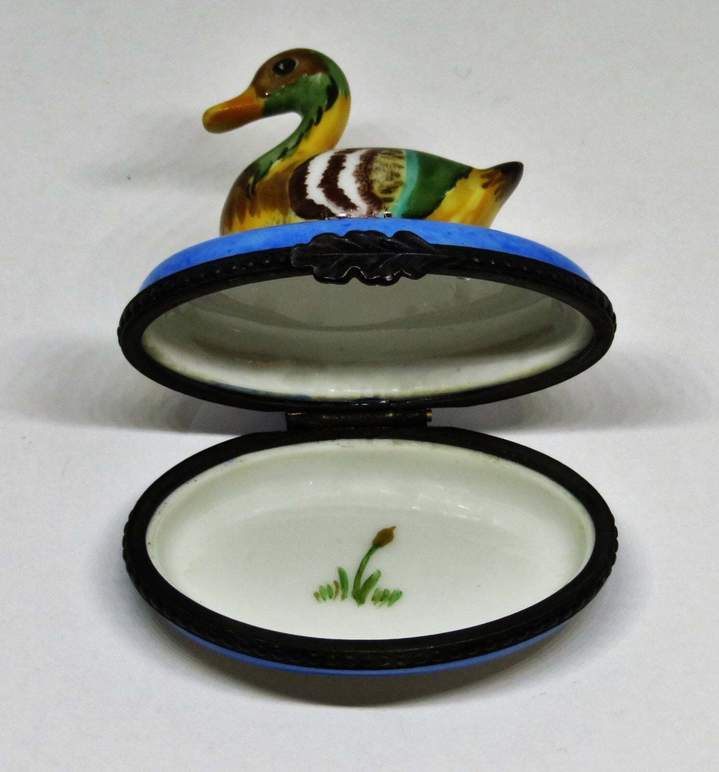 LIMOGES FRANCE BOX - COLORFUL MALLARD DUCK IN BLUE POND - REEDS & CATTAIL INSIDE