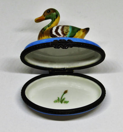 LIMOGES FRANCE BOX - COLORFUL MALLARD DUCK IN BLUE POND - REEDS & CATTAIL INSIDE
