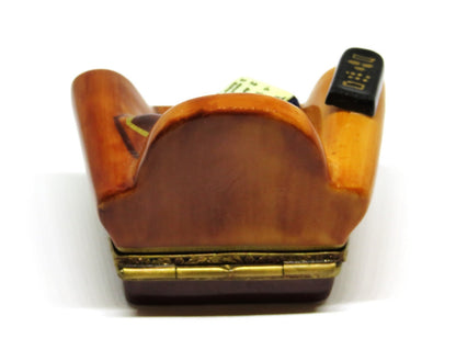 LIMOGES BOX -GR- MAN'S LEATHER EASY CHAIR -TV GUIDE & REMOTE CONTROL- EYEGLASSES
