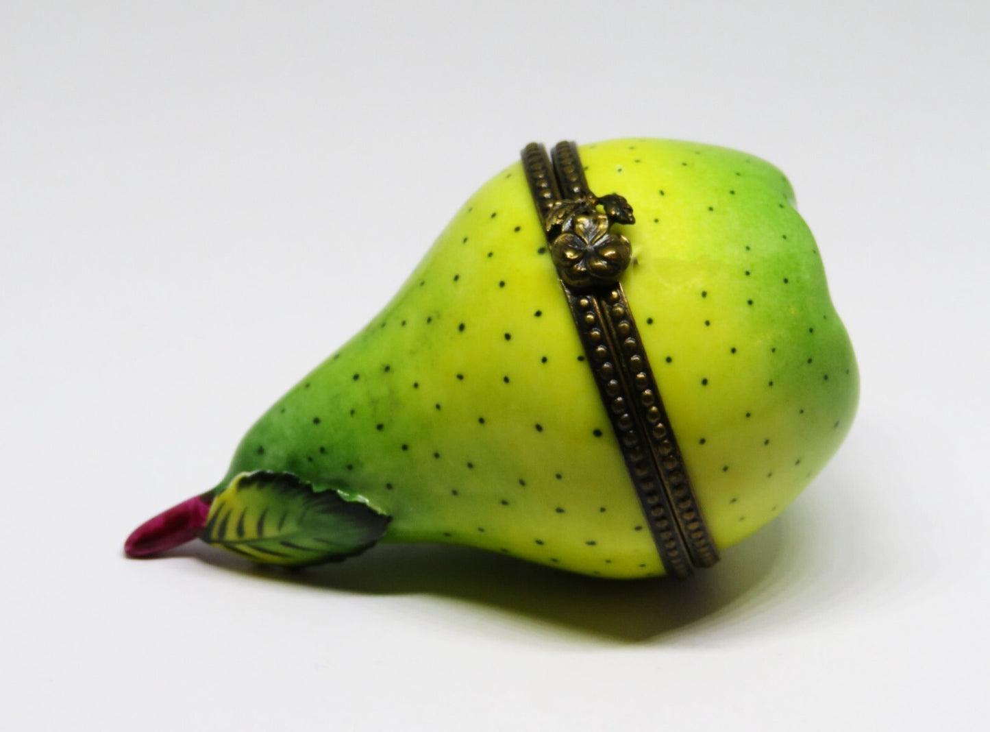 LIMOGES FRANCE BOX  - LARGE SPECKLED PEAR & STEM - 3 DIMENSIONAL LEAF - FRUITS