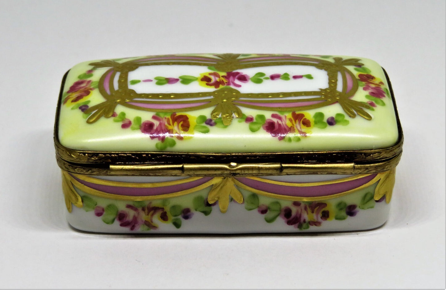 LIMOGES FRANCE BOX - FLORAL STAMP BOX - FLOWERS - ROSES - RIBBONS & TASSELS