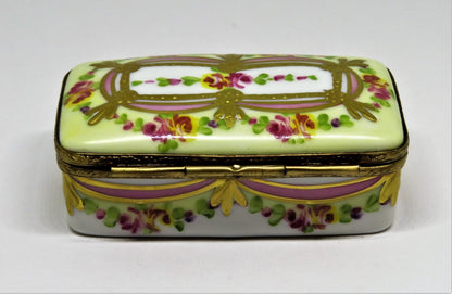 LIMOGES FRANCE BOX - FLORAL STAMP BOX - FLOWERS - ROSES - RIBBONS & TASSELS