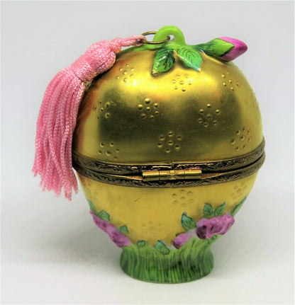 LIMOGES BOX - ROCHARD - GOLD FLORAL HEART & PERFUME BOTTLE - PINK ROSES & TASSEL