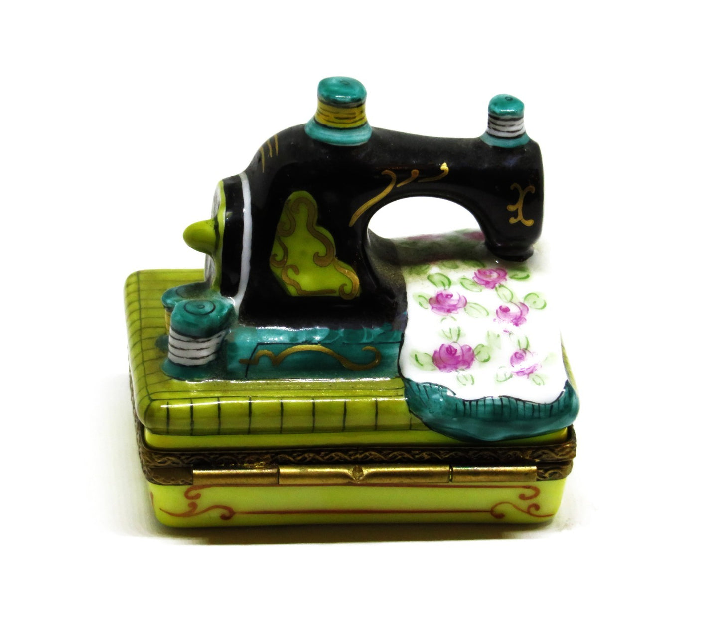 LIMOGES FRANCE BOX - ANTIQUE SEWING MACHINE & ROSE FABRIC -SCISSORS & THREAD- LE