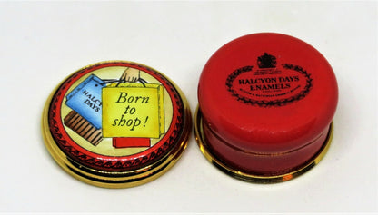 HALCYON DAYS ENGLISH ENAMEL BOX - "BORN TO SHOP!' - SHOPPING BAGS