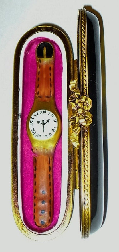 LIMOGES FRANCE BOX - BLACK WATCH CASE & REMOVABLE PORCELAIN WATCH - LE 284/300