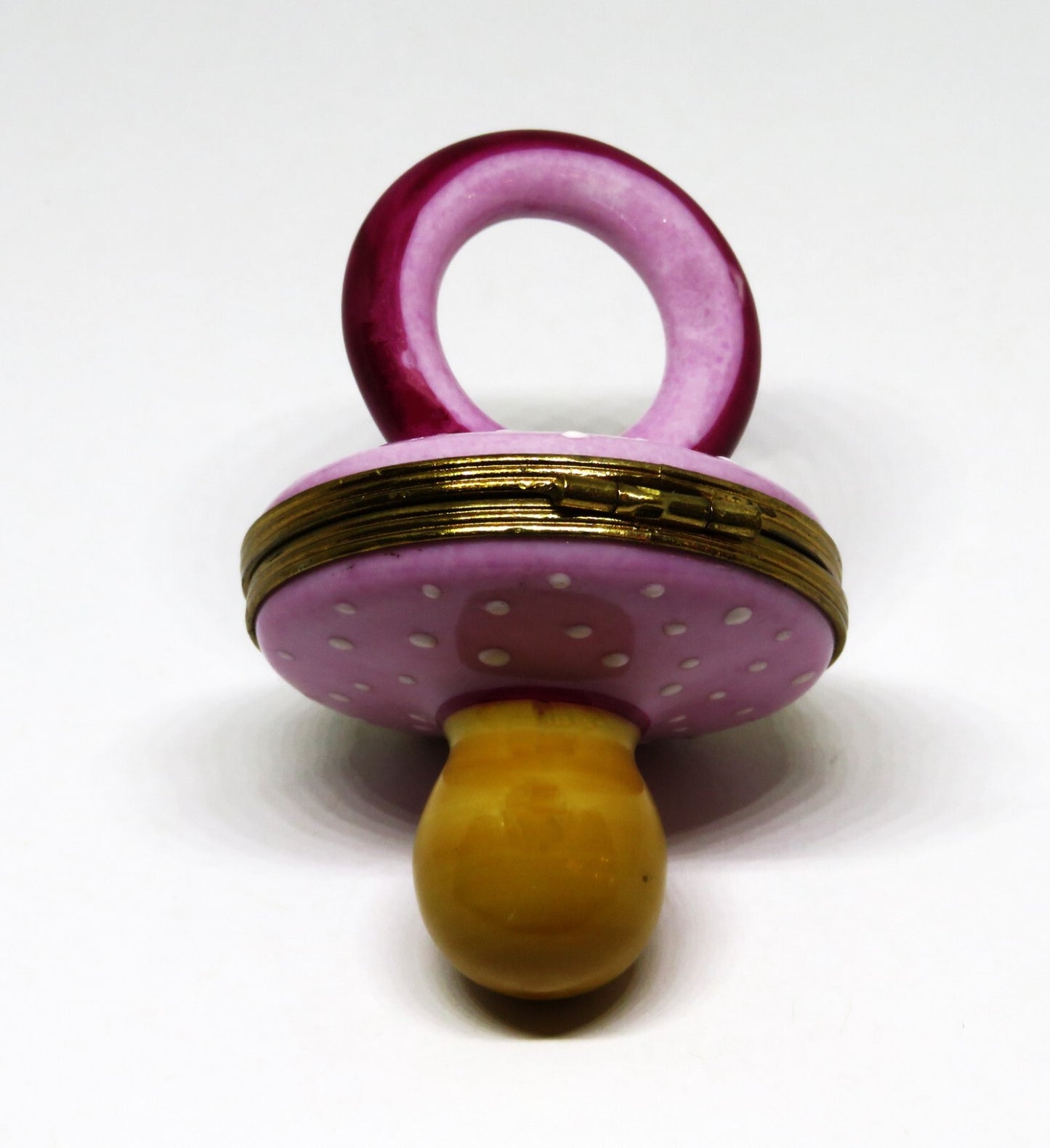 LIMOGES BOX~ PIERRE ARQUIE ~ PINK & BURGUNDY BABY PACIFIER ~ WHITE DOTS ~ 26/750