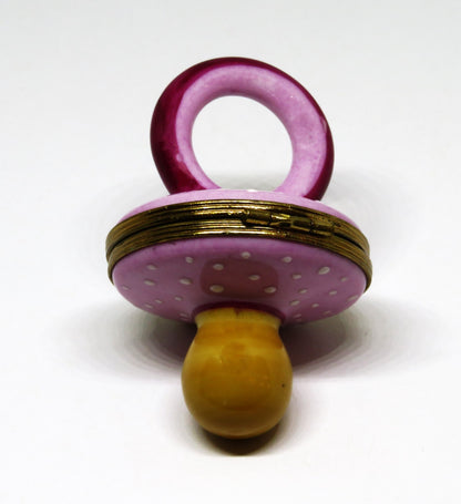 LIMOGES BOX~ PIERRE ARQUIE ~ PINK & BURGUNDY BABY PACIFIER ~ WHITE DOTS ~ 26/750