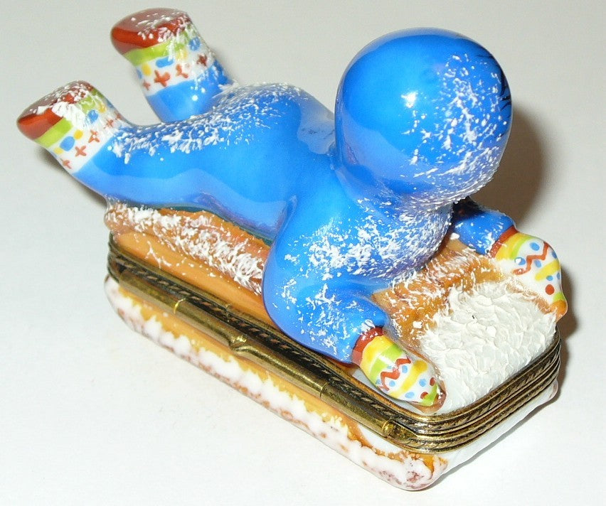 LIMOGES FRANCE BOX - CHILD ON A SLED IN THE SNOW - WINTER ACTIVITIES - SPORTS