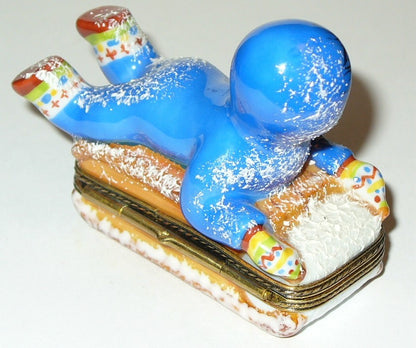LIMOGES FRANCE BOX - CHILD ON A SLED IN THE SNOW - WINTER ACTIVITIES - SPORTS
