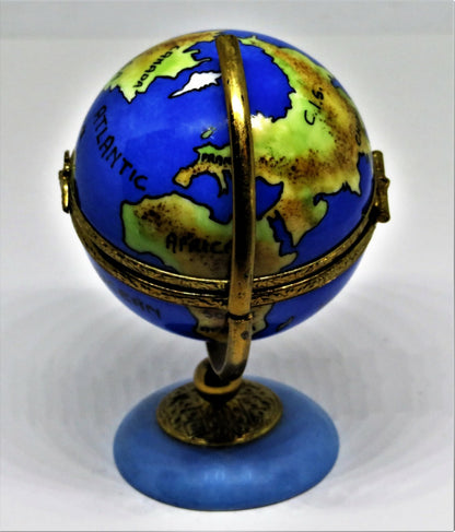 LIMOGES FRANCE BOX - WORLD GLOBE & METAL AXIS - EAGLE CLASP- GEOGRAPHY