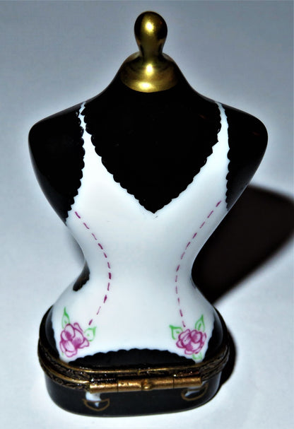 LIMOGES FRANCE BOX ~ CORSET MANNEQUIN ~ LACE & PINK ROSES ~ SEWING ~ PEINT MAIN