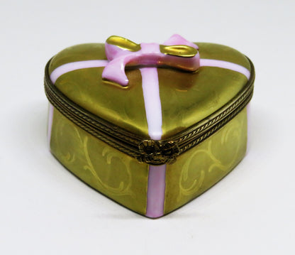 LIMOGES BOX ~ ROCHARD ~ GOLD HEART & CANDY & BOW ~ "WITH LOVE" ~ ANNIVERSARY