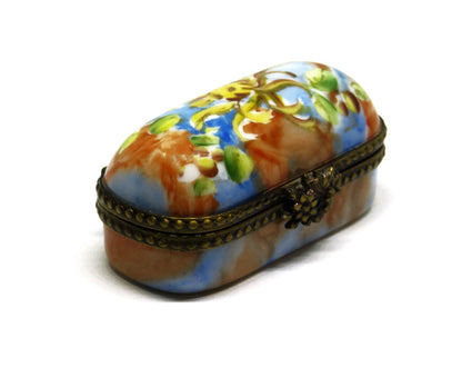 LIMOGES FRANCE - DUBARRY- SMALL FLORAL PIN BOX  - WATERCOLOR FLOWERS - RIBBONS