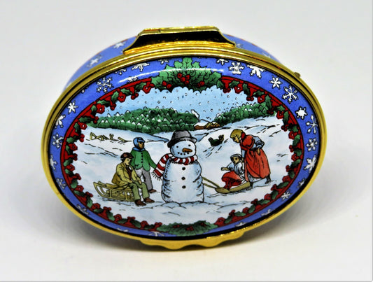 HALCYON DAYS ENAMEL BOX - CHRISTMAS SCENE - SNOWMAN & CHILDREN & SNOWFLAKES