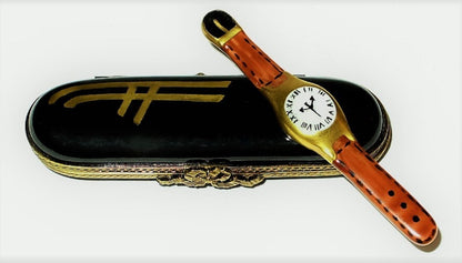LIMOGES FRANCE BOX - BLACK WATCH CASE & REMOVABLE PORCELAIN WATCH - LE 284/300