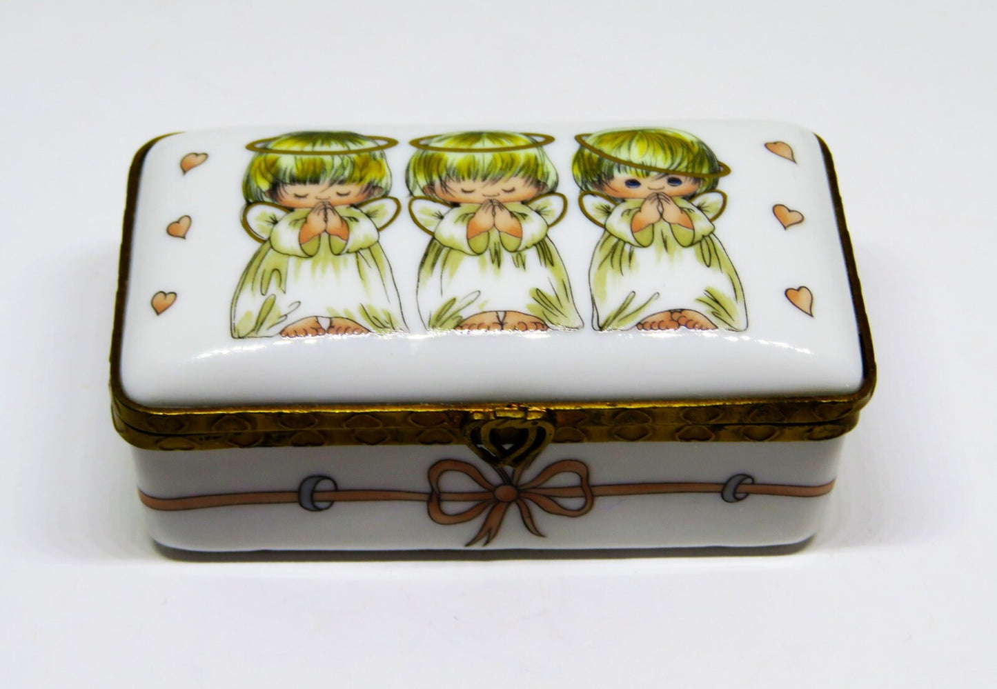 LIMOGES FRANCE BOX - ROCHARD - 3 LITTLE ANGELS - PINK HEARTS - "GOD BLESS YOU!"